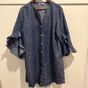 Given Kale Chambray Denim Shirt‎ Dress Bell Sleeve Raw Hem Medium